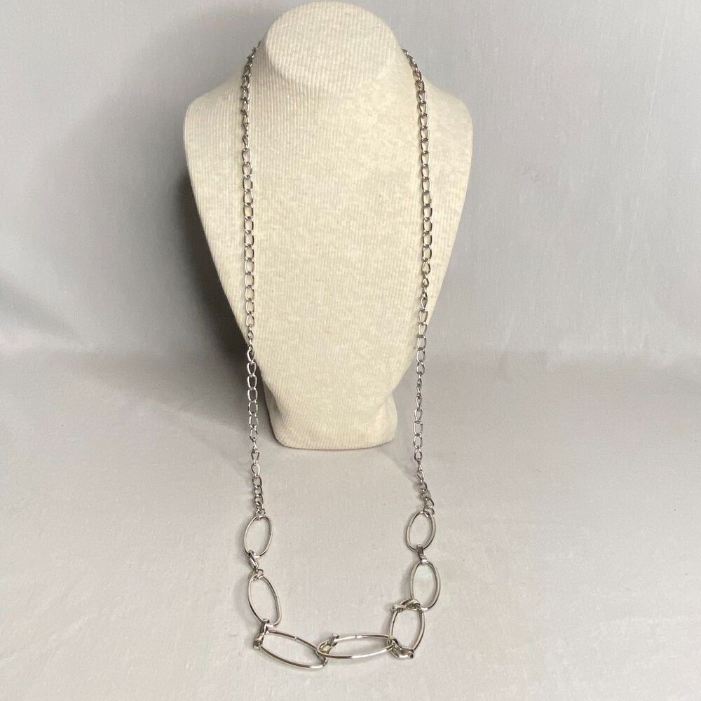 💎Silver Tone Oval Ring Opera Necklace Layerable Wide Open Links